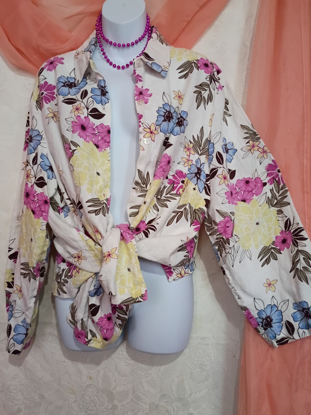 JM Collection Button Down Shirt in Wht w/ Pink, Yellw & Blue Flowers Sz 20W
